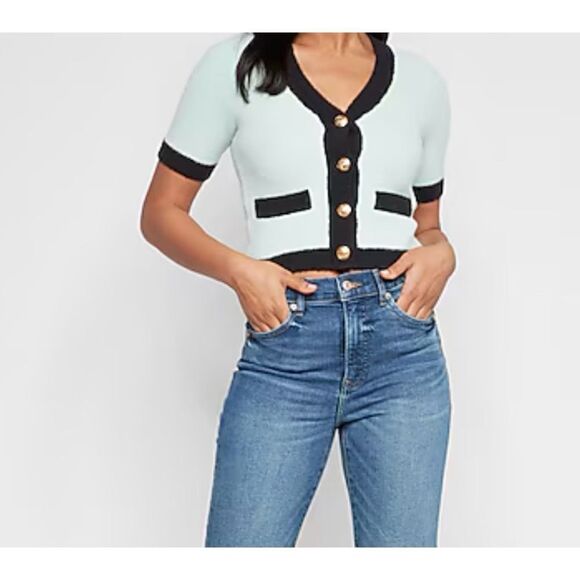 Express Short Sleeve Tipped Cardigan Size M / NWT - Picture 2 of 6